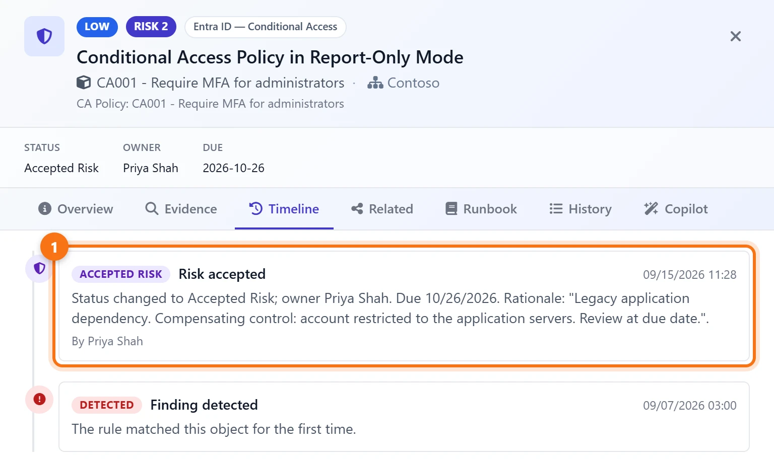 The CA001 finding's timeline: the status changed to Accepted Risk by Priya Shah, with a rationale and a review date, after the finding was first detected