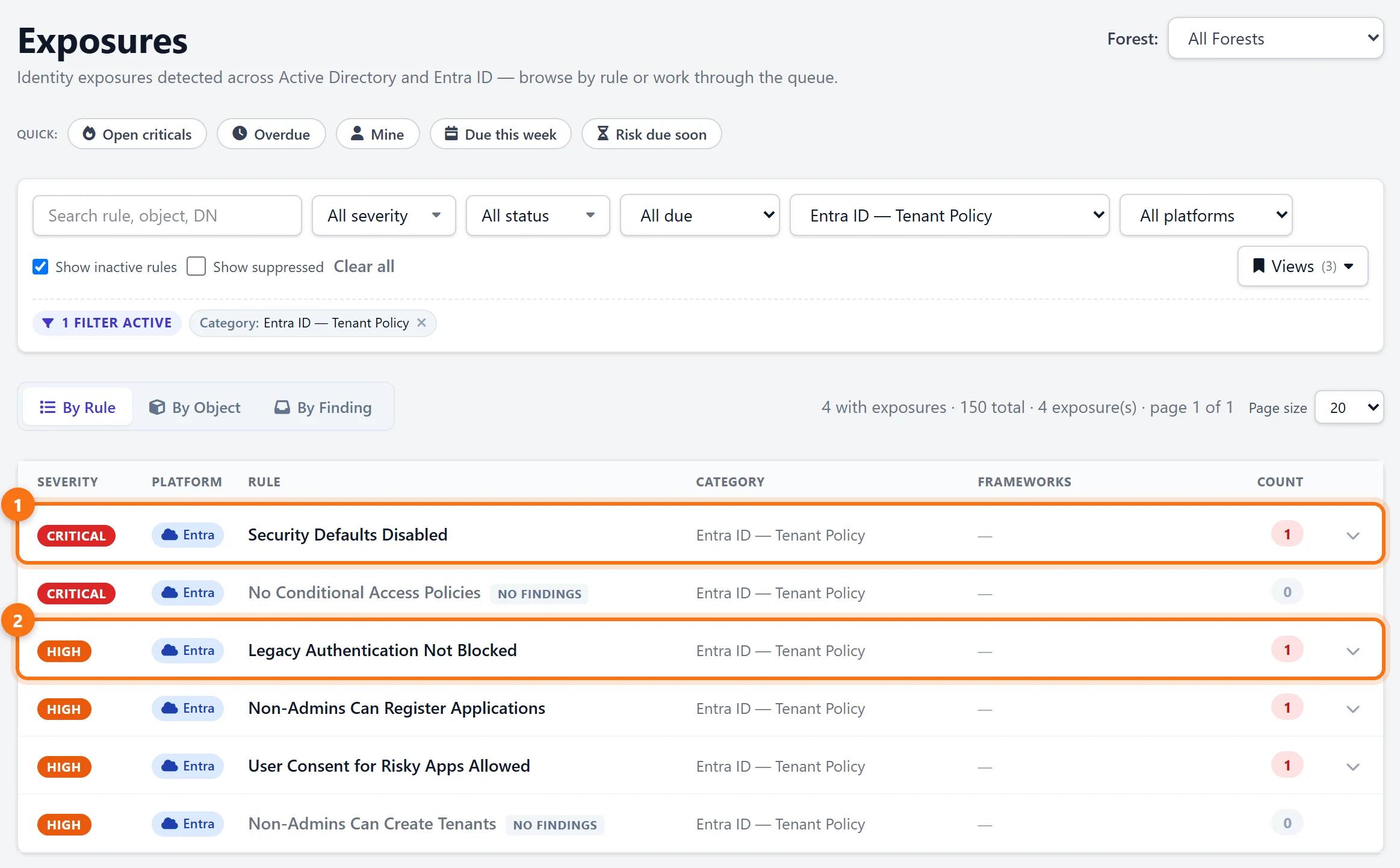 Exposures filtered to Entra ID — Tenant Policy: Security Defaults Disabled (critical) and Legacy Authentication Not Blocked (high) with findings, alongside checks on app registration, user consent and tenant creation