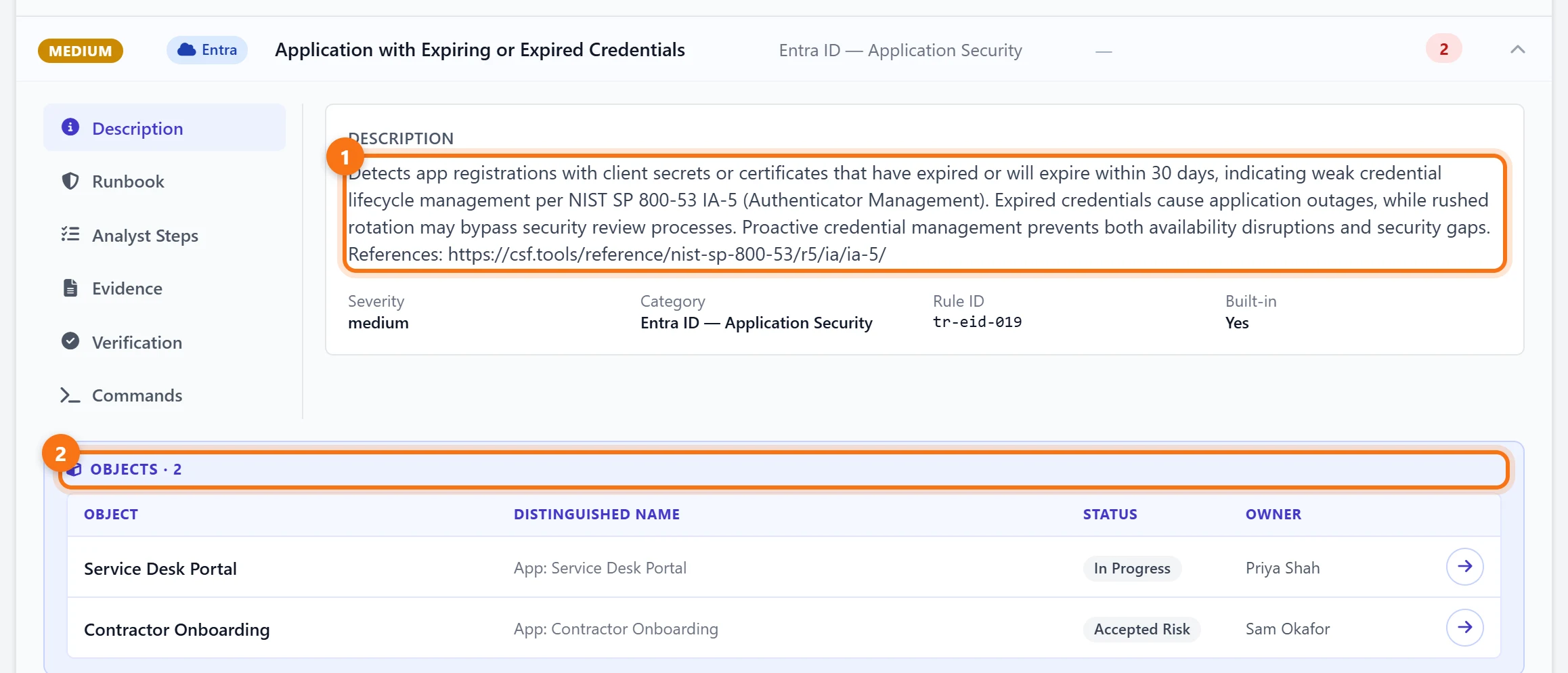 The Application with Expiring or Expired Credentials rule expanded in Active Identity Guardian: two apps, Service Desk Portal in progress with Priya Shah and Contractor Onboarding accepted as a risk by Sam Okafor