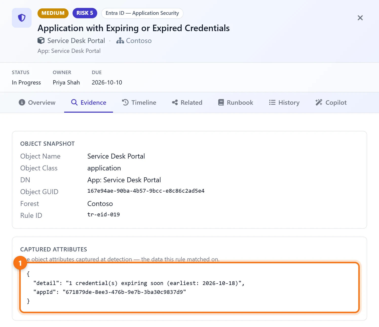 The finding's Evidence tab for Service Desk Portal: 1 credential expiring soon, earliest 18 October 2026, with the application ID