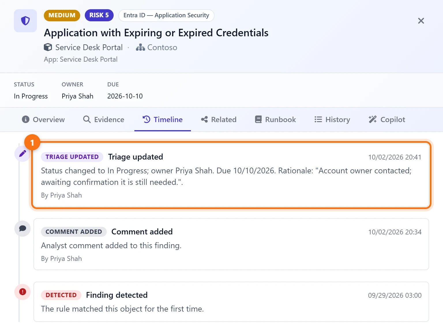 The finding's Timeline: triage updated by Priya Shah with status In Progress, owner, due date and rationale, after the finding was first detected