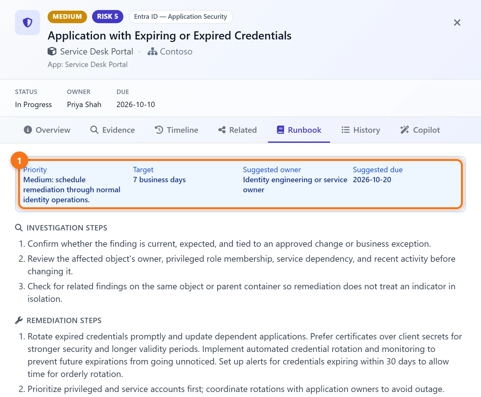 The finding's Runbook tab: medium priority, a target of 7 business days, a suggested owner and due date, with investigation and remediation steps