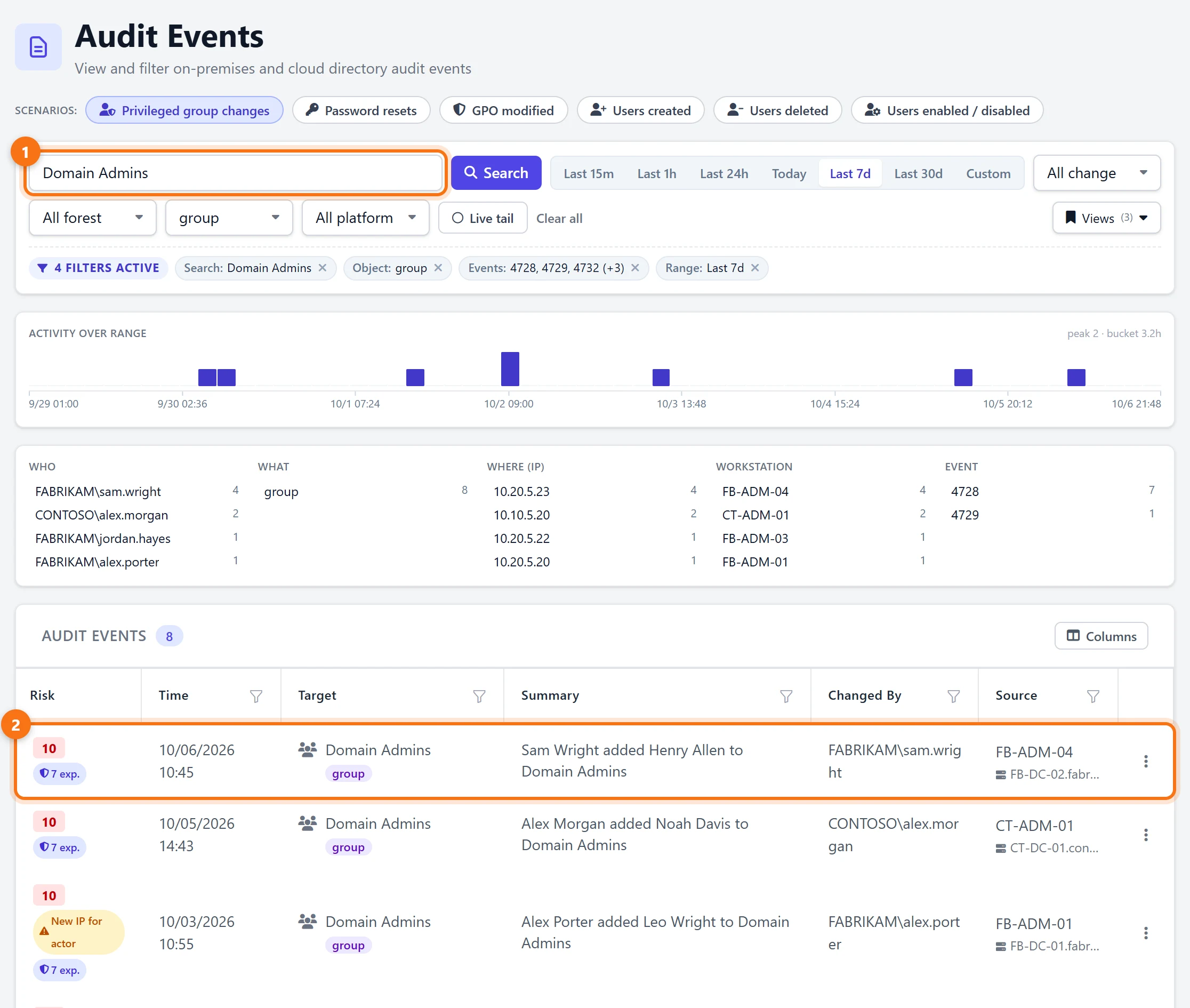 Audit Events in Active Identity Guardian, searched for Domain Admins over the last 7 days, showing eight changes with who made each one and from which workstation
