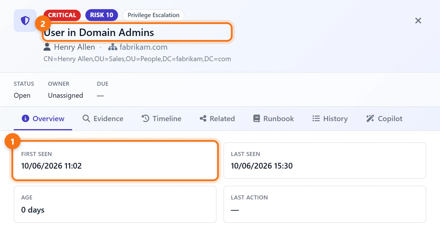 The exposure finding for Henry Allen: critical, risk 10, User in Domain Admins, first seen at 11:02 on the same day, status open and unassigned