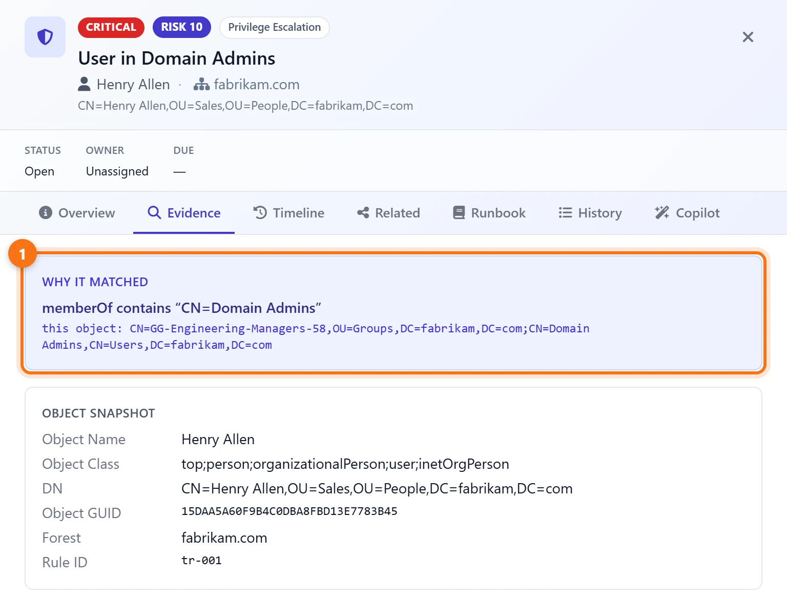 The Evidence tab: why it matched, memberOf contains CN=Domain Admins, with a snapshot of Henry Allen's account