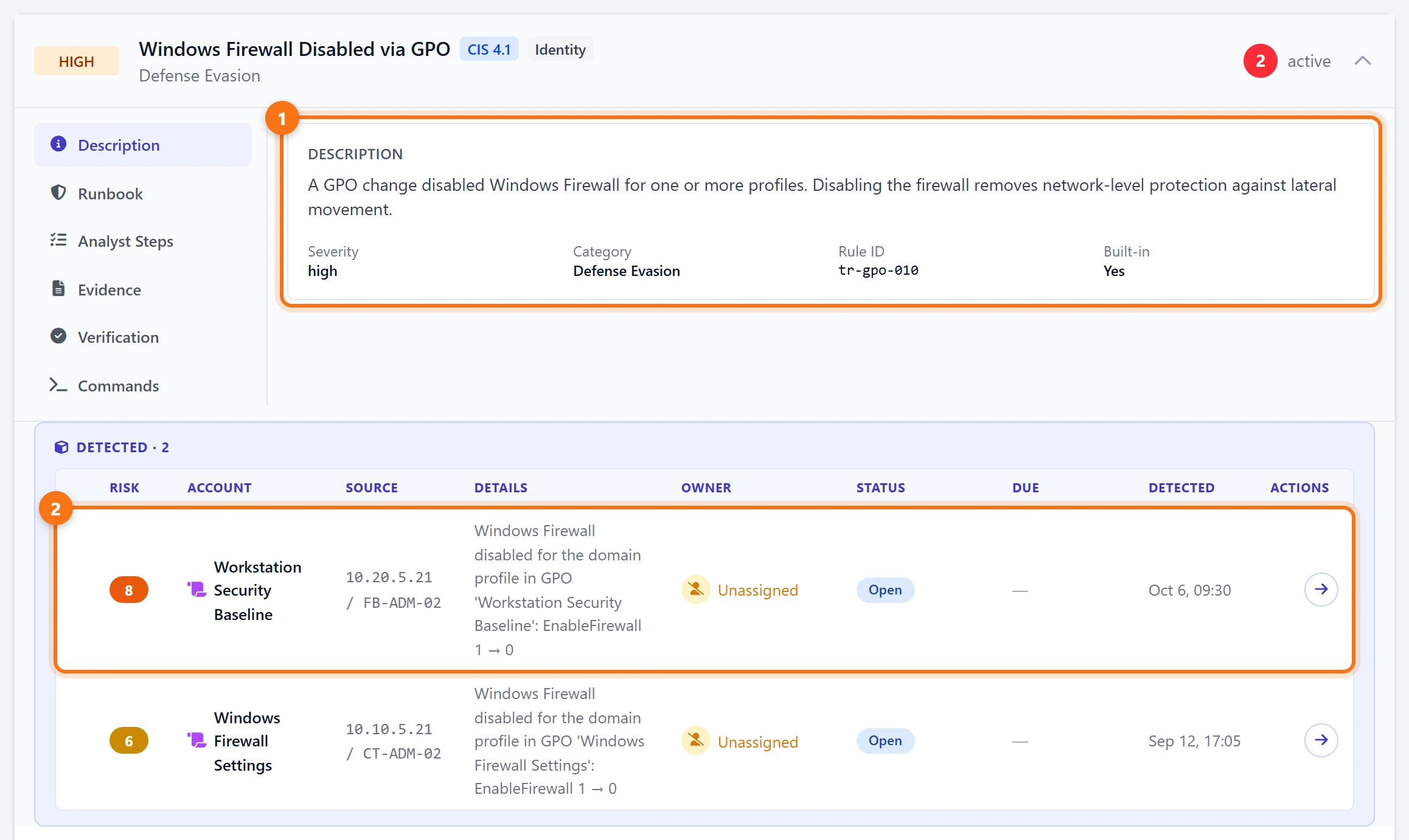 Live Threats, Windows Firewall Disabled via GPO: two detections, including Workstation Security Baseline from 10.20.5.21 / FB-ADM-02 with EnableFirewall changed from 1 to 0