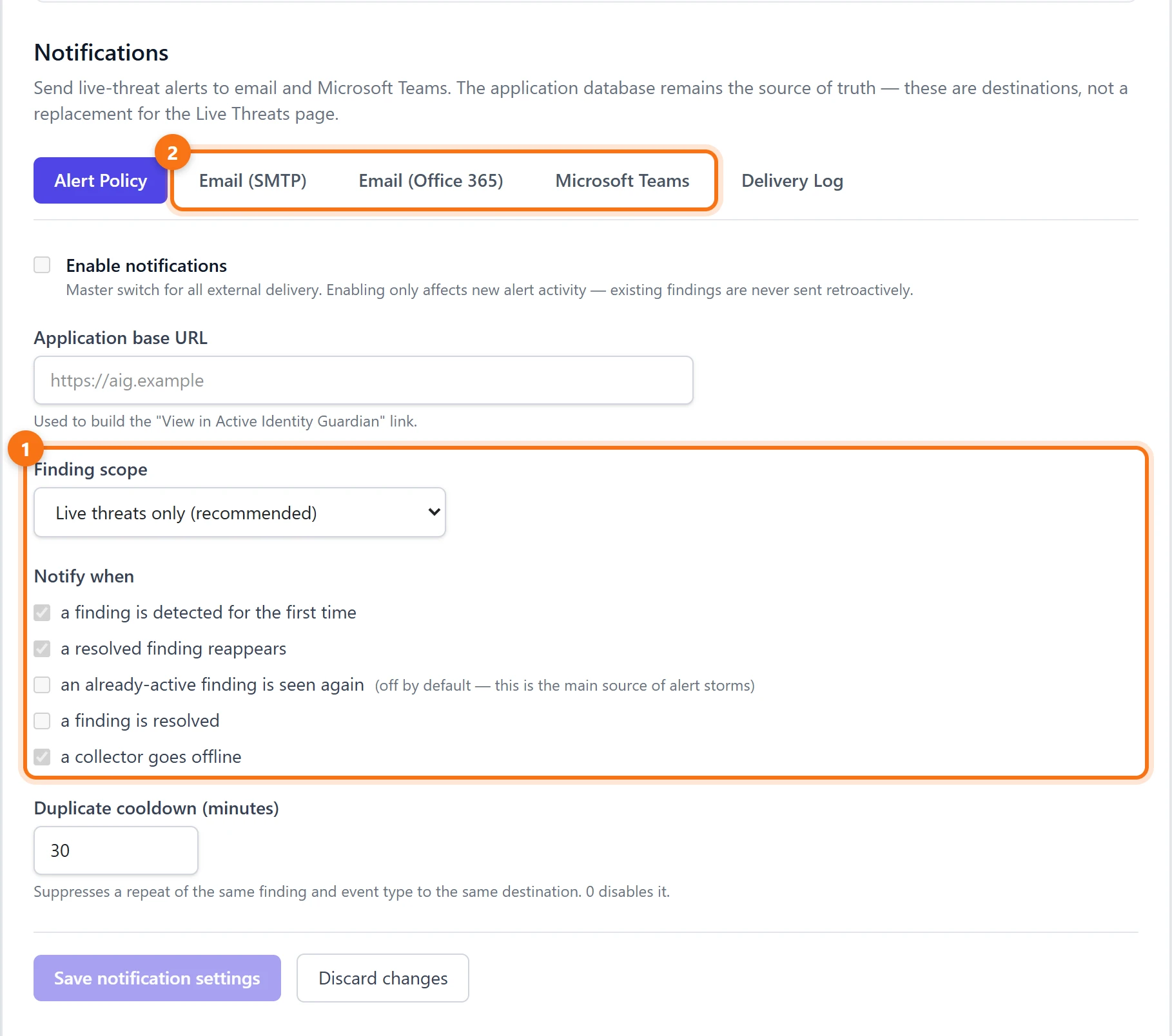 Settings, Notifications: alerts to email over SMTP or Office 365 and to Microsoft Teams, with the finding scope set to live threats only